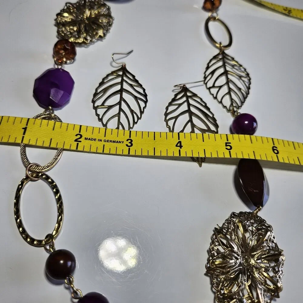 Gold Tone Autumn Colors Chunky Necklace & Leaf Earrings 42
